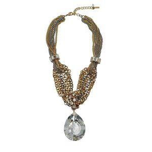 Steve Madden Statement Necklace With Gold Silver Chains And Crystal Pendant